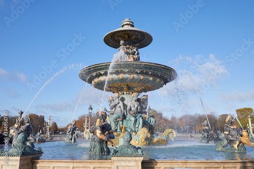 Place de la Concorde fountain in a sunny day, blue sky in Paris