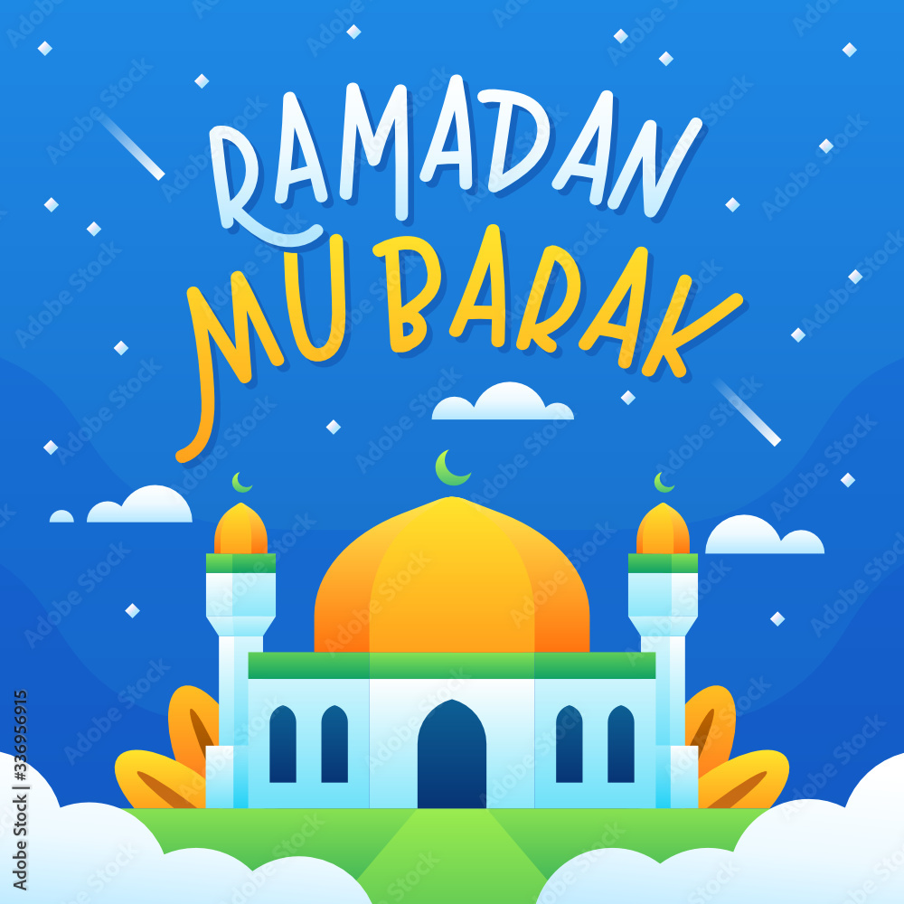 Ramadan Mubarak Text with Mosque above Cloud at Night
