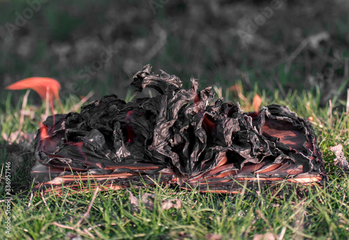 Burning book on fire flames. Pages that burn on the grass photo