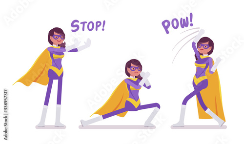 Female super hero in attractive costume fighting poses. Effective wonder warrior, superpower sexy woman with superior combat and battle skills, successful lady. Vector flat style cartoon illustration