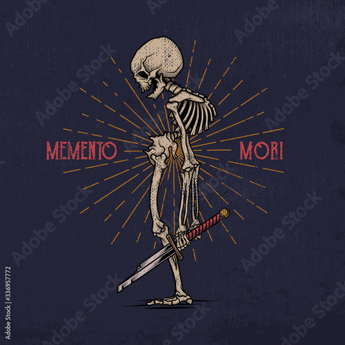 "Memento mori" poster design. Vector illustration in engraving technique of human skeleton with broken sword and star rays. Isolated on grunge background.