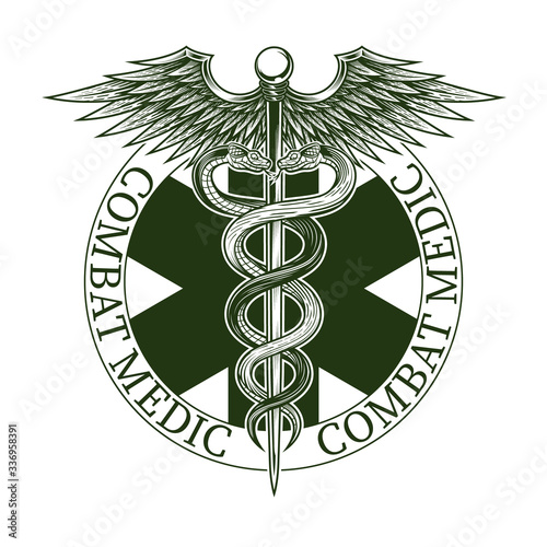 Combat medic emblem. Vector illustration of star of life with Caduceus symbol in engraving technique. Isolated on white background.