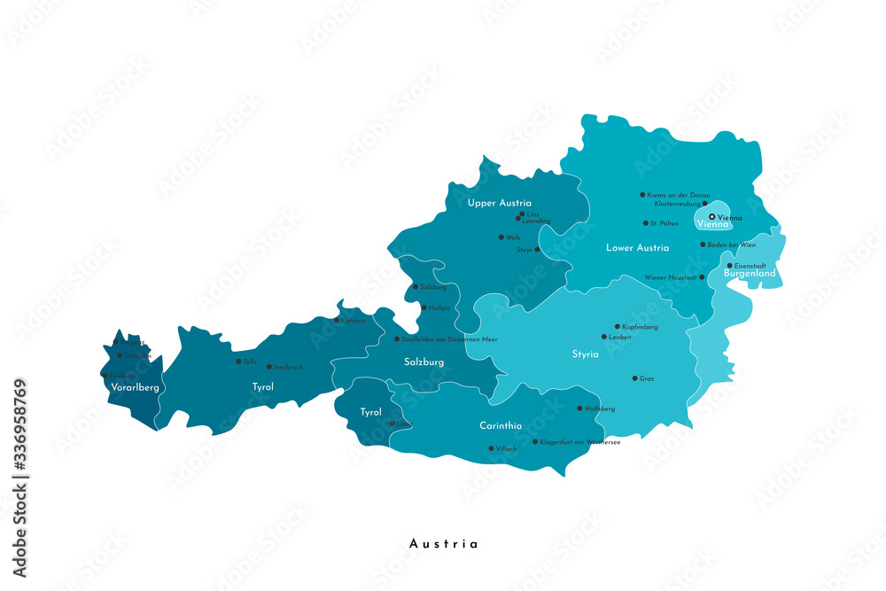 Vector isolated illustration. Simplified administrative map of Austria in blue colors. White background and outlines. Names of austrian cities and states.