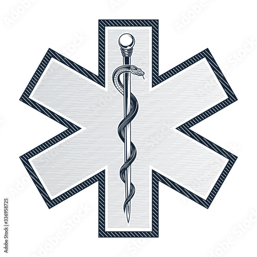 The star of life with rod of Asclepius emblem. Vector illustration in engraving technique. Modern symbol of medicine, emergency medical services, paramedics, technicians. Isolated on white.