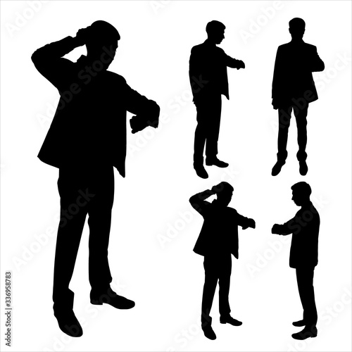 Vector set of silhouettes of a man looking at the watch on his hand. Opening hours, lateness, time manager. Business concept - do it all, work planning. A businessman in a suit looks at his watch.