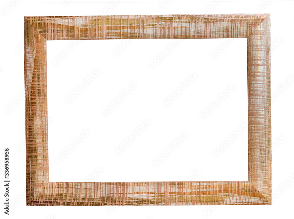 Light brown wide frame with scuffs, aged for photos, text, images or paintings, isolated on a white background