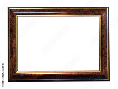 Dark brown, horizontal, classic frame for text, picture, photo, image, text, isolated on a white background with gold or bronze edging
