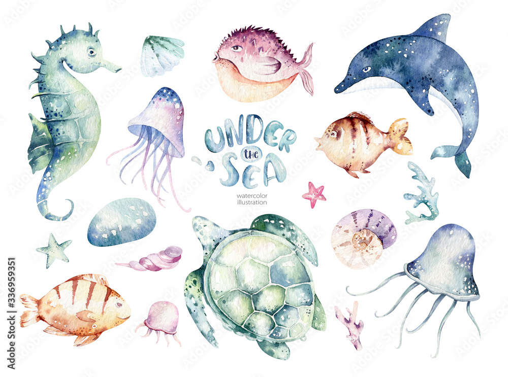 Set of sea animals. Blue watercolor ocean fish, turtle, whale and coral.  Shell aquarium background. Nautical wildlife dolphin marine illustration,  jellyfish, starfish Stock Illustration | Adobe Stock