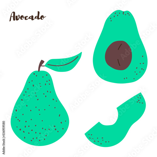 Set of whole and halved avocados isolated on a white background. Vector illustration, flat.