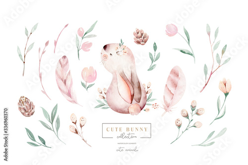 Watercolor Happy Easter baby bunnies design with spring blossom flower. Rabbit bunny kids illustration isolated. Hand drawn Easter cartoon forest hare animal bunny n. Nursery poster design.