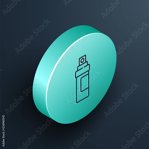 Isometric line Perfume icon isolated on black background. Turquoise circle button. Vector Illustration