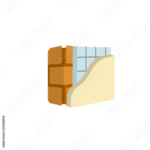 Red brick wall in isometry with layers of plaster and insulation. Material for home repair. Construction of buildings. Scheme of applying blue and yellow layer
