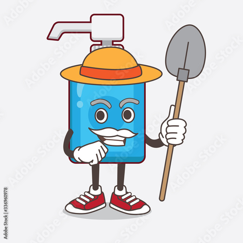 Hand Sanitizer cartoon mascot character with hat and farmer tools