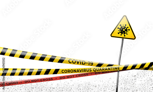 Layout of the quarantine area of coronavirus epidemic covid-19. Coronavirus quarantine warning tapes, sign of viral hazard. Pandemic covid 19. Epidemic barrage lines. Vector template isolated on white