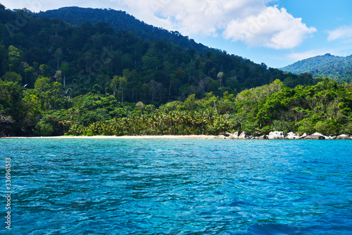 Landscape of the line of the rainforest, from the ocean. Tropical island in Indian Ocean. Uninhabited and wild subtropical isle with palm trees. Blank sand on a tropical island.