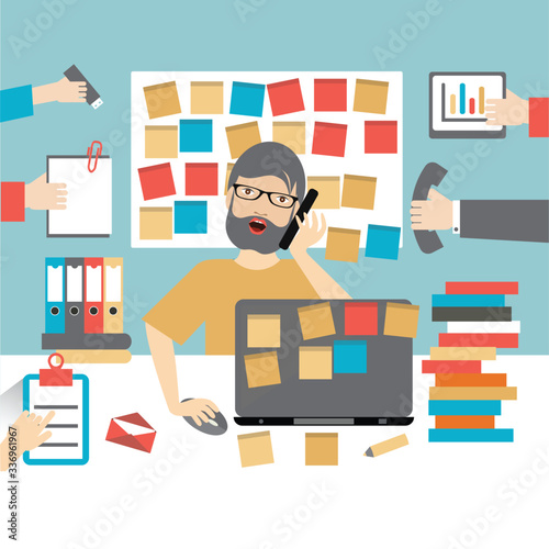 Hard working business man. Worksplace flat vector illustration.