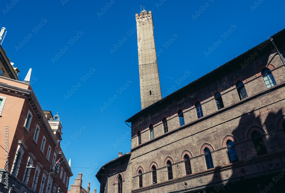 Historic part of Bologna city, Italy, view with Asinelli Tower