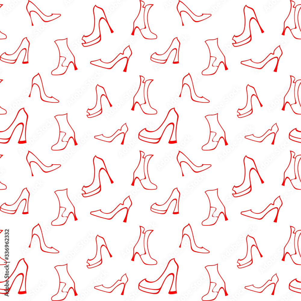 Bright red ladies high heels shoes and half-boots on a white background. Vector seamless pattern for shoe store, shoe factory, printing on packaging, wrapping paper, sales packages, fabric, textile Bright red ladies high heels shoes and half-boots on a white background. Vector seamless pattern for shoe store, shoe factory, printing on packaging, wrapping paper, sales packages, fabric, textile