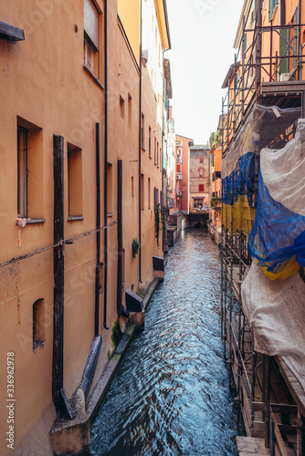 View on the water canal from Finestrella point on Via Piella street called Little Venice in historic part of Bologna city, Italy photo