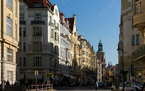 Cityscape of modern Prague streets