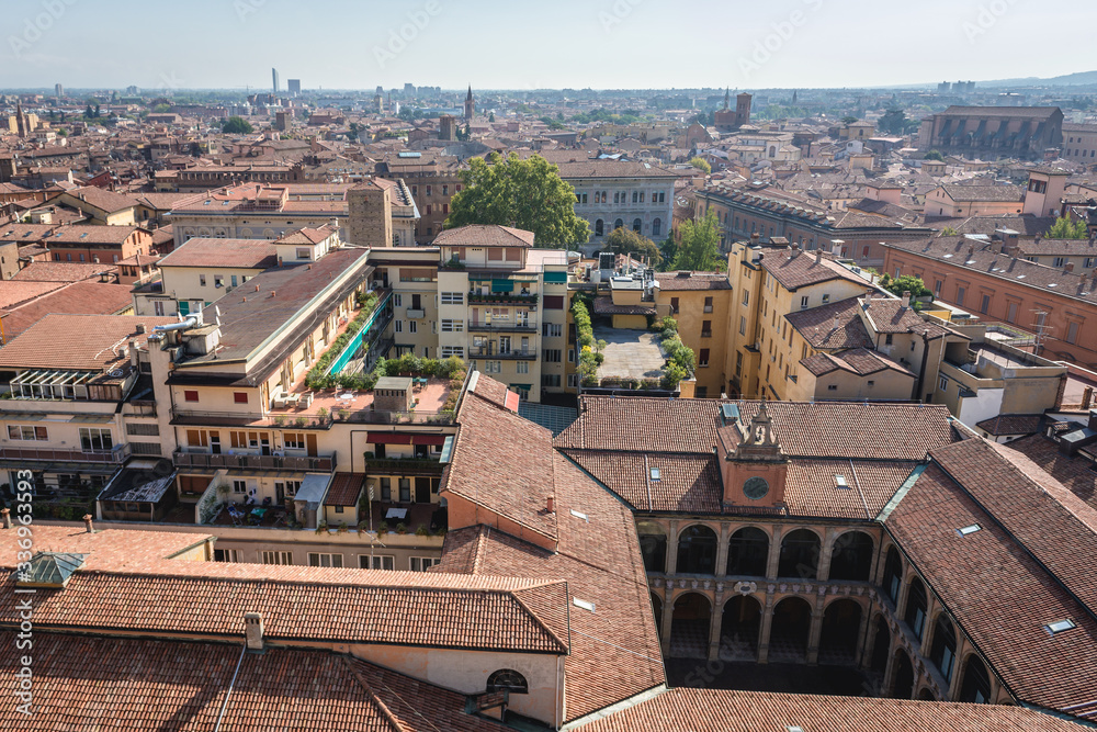 Panorama of historic part of Bologna city, Italy - view from St Petronius Basilica with Archiginnasio building