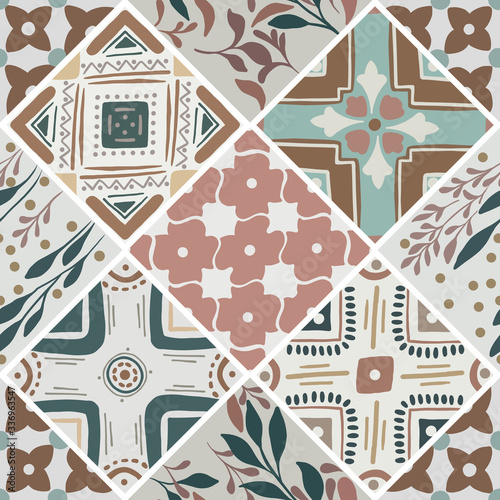Colorful floral seamless hand drawn ornamental east pattern in patchwork boho chic style from rhomb, in portuguese and moroccan motif