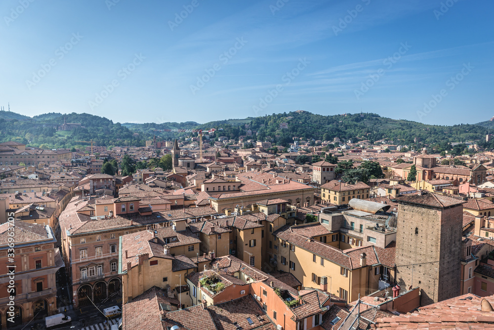 Historic part of Bologna city, Italy - view from terrace of St Petronius Basilica with Galluzzi Tower on right side