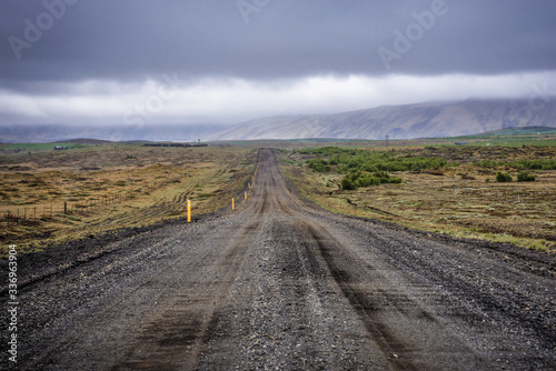 Empty gravel road 264 near famous Keldur farm in southern Iceland