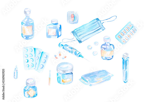 set on a medical theme in blue tones, bubble, pipette, mask, bandage, pills, vitamins. Can be used for website design, postcards, fabrics.