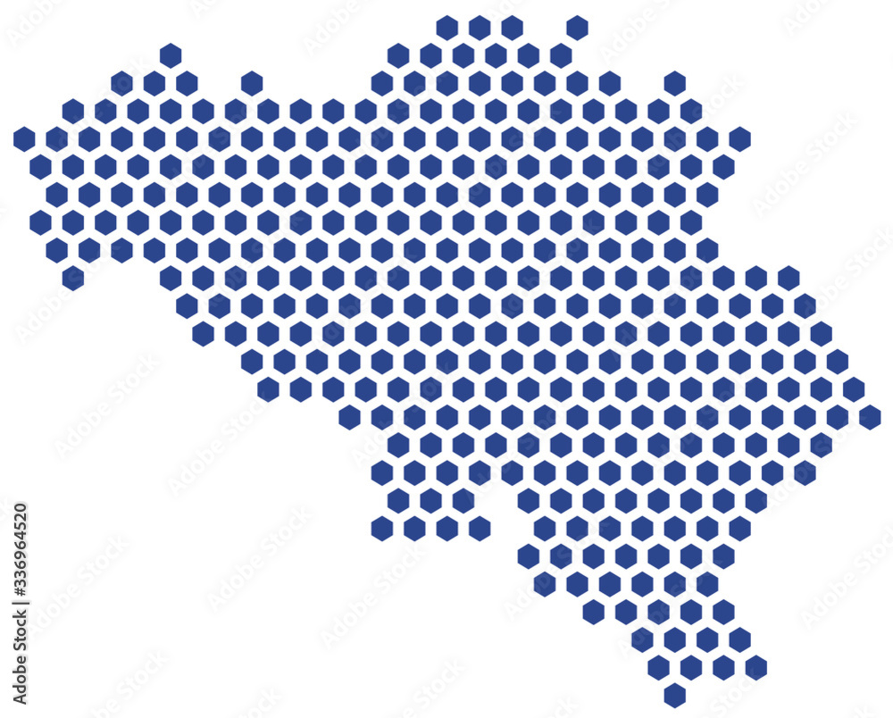 Vector hexagon pixel map of Belgium blue on white background