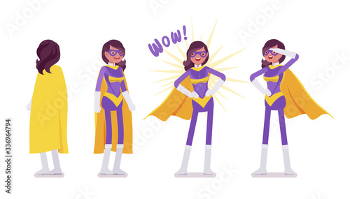 Female super hero in attractive costume. Effective wonder warrior, superpower sexy woman with superior combat and battle skills, successful extraordinary lady. Vector flat style cartoon illustration
