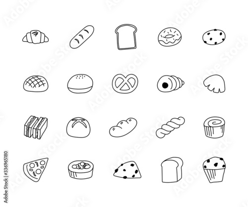 手描きのパンのイラストのセット／かわいい／シンプル／線