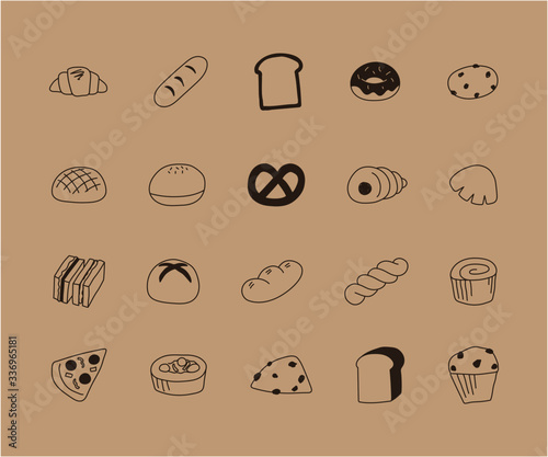 手描きのパンのイラストのセット／かわいい／シンプル／線