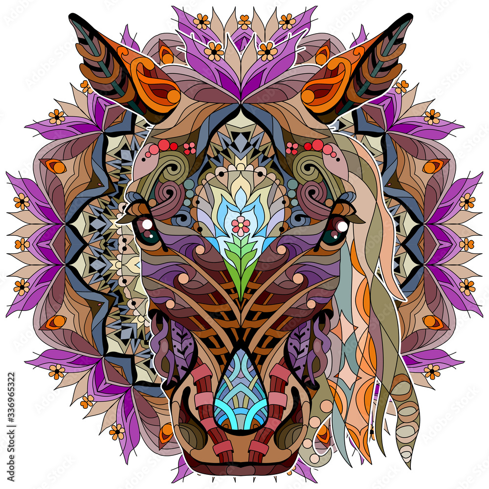 Zentangle horse head with mandala. Hand drawn decorative vector illustration.