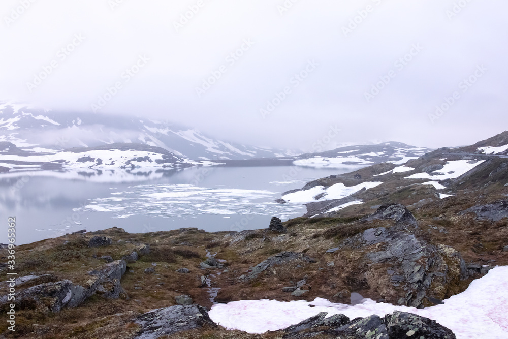 high mountain lake in Norway, spring, snow