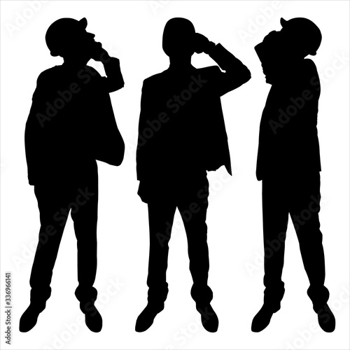 Man in construction helmet stands straight, talking on the phone and looking down, up, on the sides. Construction supervision. Vector black illustration isolated on white background. Technician.