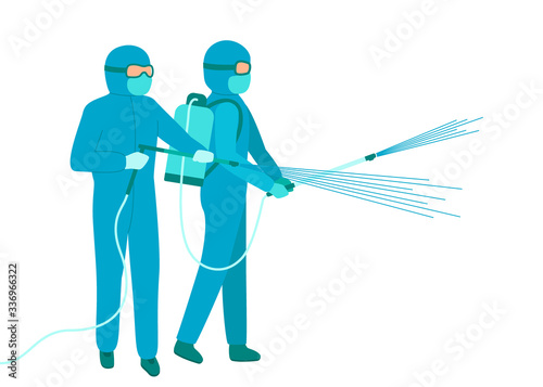 Workers men in blue hazmat suit cleaning and disinfecting virus. Coronavirus epidemic spray aerosol disinfection. Protection against spread of virus during pandemic. Vector