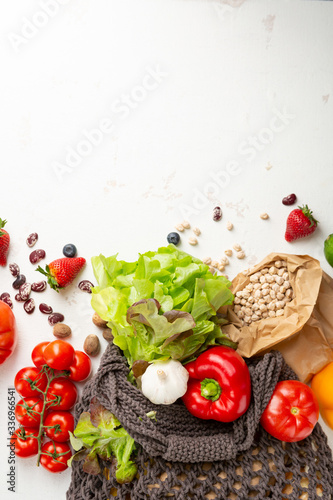 Shopping bag with healthy food top view