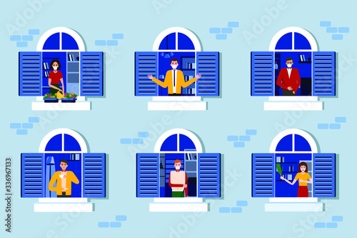 Coronavirus in Italy. People staying home in white medical face mask. People staying in quarantine caused by the new coronavirus COVID-19 are working at home and take care of themselves. 