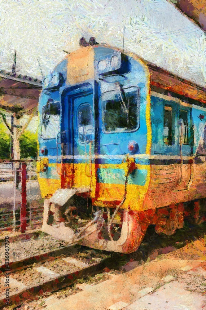 Diesel trains of Thai trains parked at the train station Illustrations creates an impressionist style of painting.