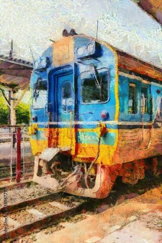 Diesel trains of Thai trains parked at the train station Illustrations creates an impressionist style of painting.