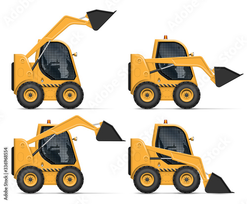 Skid steer loader view from side isolated on white background. Construction and agricultural vehicle vector template, all elements in the groups on separate layers for easy editing and recolor