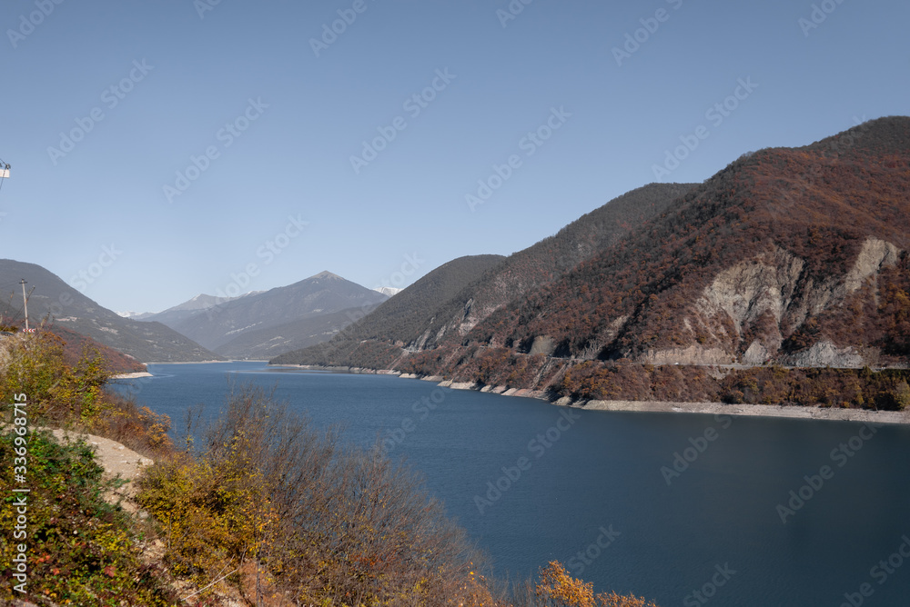 Mountain lake in Georgia, Zhinvali reservoir. Beautiful landscapes