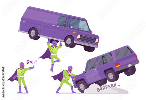 Male super hero holding a heavy van. Heroic strong brave warrior, superpower man with superior combat, battle skills, successful extraordinary guy. Vector flat style cartoon illustration