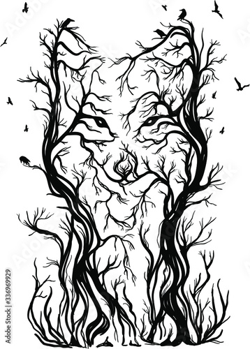Negative space wolf (fox, dog) with forest background. Animal made from branches. Black and white illustration