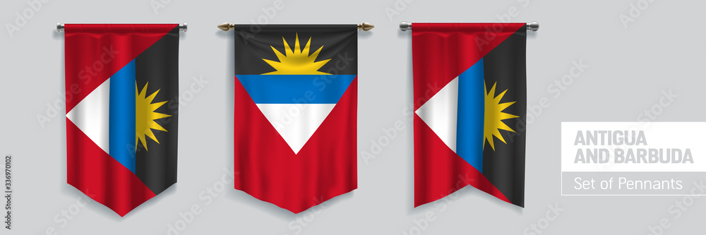 Obraz premium Set of Antigua and Barbuda waving pennants on isolated background vector illustration