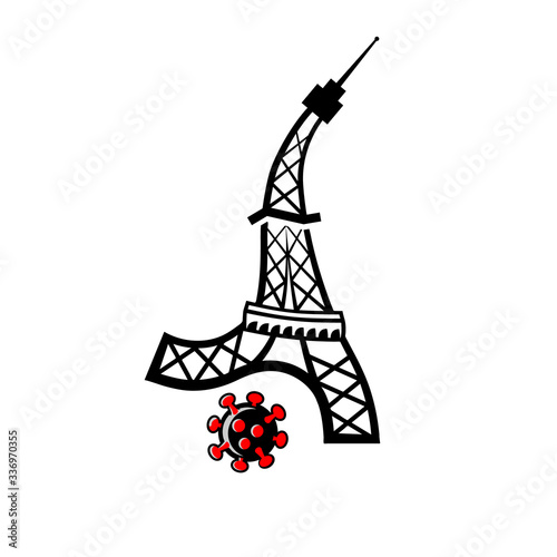 Paris Tower kicking off cell of coronavirus covid-19. Vector symbol of fighting against coronavirus in France.