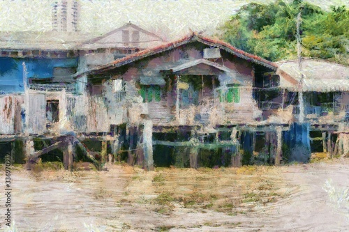 Old house in the canal of Bangkok Illustrations creates an impressionist style of painting.