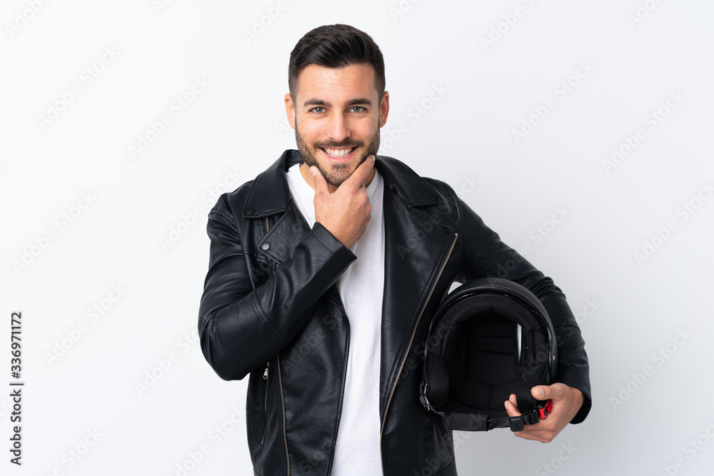 Man with a motorcycle helmet laughing Man with a motorcycle helmet laughing