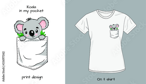 Koala`s baby in t shirt pocket. Funny animals in my pocket design photo